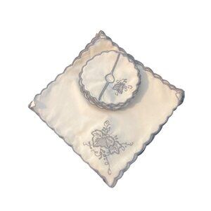 Vintage Linen Cocktail Napkins Wine Coasters Set 12 Gray Embroidery Estate NEW